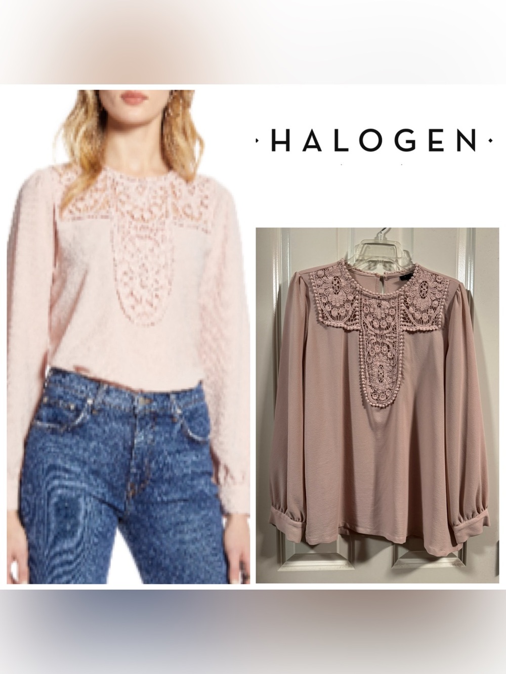 NWOT Halogen Crochet Lace detail Crepe  Top